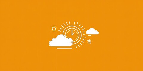 Weather icon featuring sun clock and clouds against an orange background