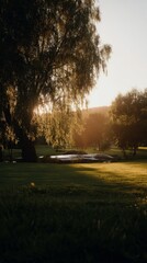 Fototapeta premium leisure. Tranquil park bathed in warm sunset glow, capturing nature's serene beauty. inspiring travel planning, travel magazines, designed for travel destination branding. 