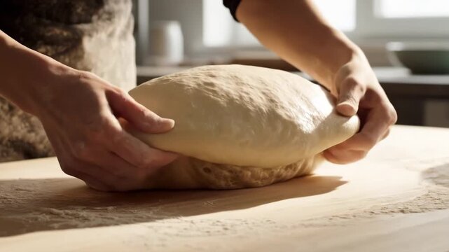 Close-up of hands kneading fresh bread dough on a wooden table in a kitchen for homemade baking concept and artisanal food preparation - Powered by Adobe