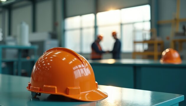 Bright orange hard hat on table in industrial space. Blurred silhouettes of two men. They shake hands wearing safety uniforms. One more helmet is on a background. Job done well.