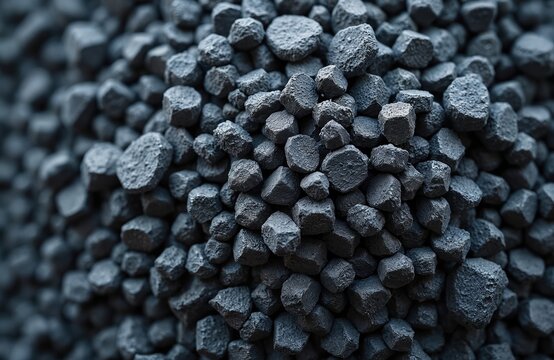 Crushed ore concentrate lumps after iron production. Metal industry semi finished product. Mining, roasting, concentration of ferric ore. Raw material, background texture with particles from mineral
