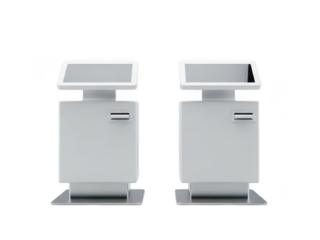 Modern white reception desk with digital screen and storage cabinets