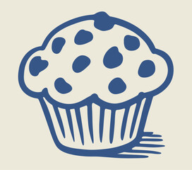 Blue and beige abstract muffin with dark blue spots and striped base cupcake baked