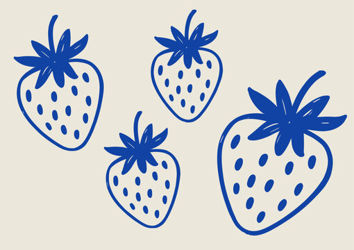 Blue hand drawn strawberries with seeds a light beige background strawberry fruit