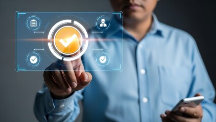Man touching digital screen with checkmark and user interface hand finger