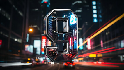 Glossy chrome number nine stands tall against blurry city night background with bright neon lights and streaking traffic effects creating vibrant urban atmosphere for conceptual anniversary or count