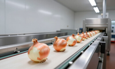 row onions moves swiftly along stainless steel conveyor belt bright fluorescent overhead lighting modern manufacturing