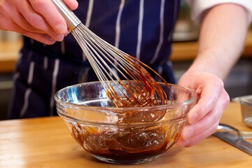 Person whisking chocolate in bowl on wooden table