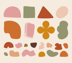 Collection of abstract organic shapes and brush strokes in muted earthy tones blob fluid