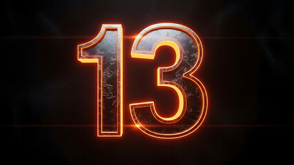 Number thirteen glowing with orange neon light set against dark textured background representing countdown or mystical event with lens flare