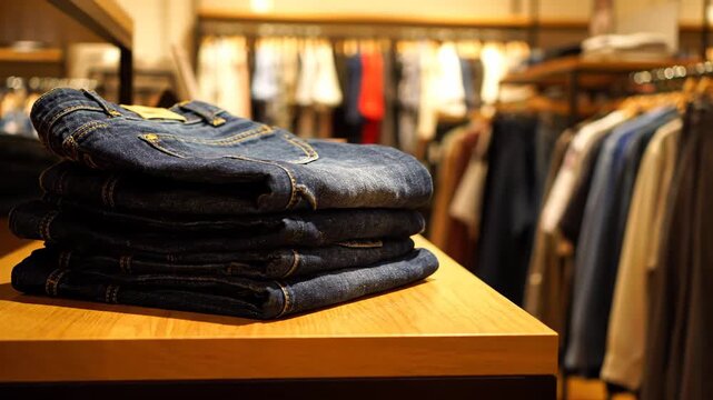 Pile of neatly folded navy blue jeans sits on a sleek wooden shelf within a modern fashion store. Beyond, various clothing racks are discernible