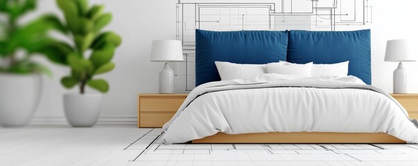 Modern Bedroom Interior with Blue Headboard and Floor Plan Detail, Bedroom , Interior Design