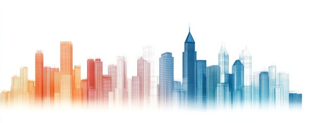 Fototapeta premium Modern Cityscape Sketch, Orange to Blue Gradient, skyline, architecture
