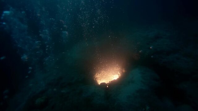 Deep sea vent erupting with bubbles and heat in underwater ocean scene