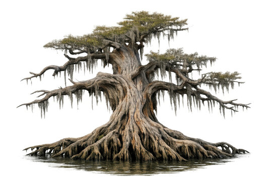 Ancient bald cypress tree growing in swamp water with gnarled roots and branches, isolated on transparent background