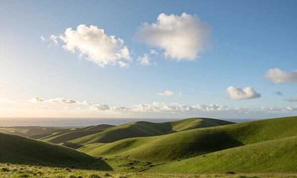 serene landscape features rolling green hills stretching towards distant ocean horizon warm sunlight fluffy white clouds