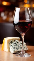Naklejka premium Glass of red wine with cheese on wooden table