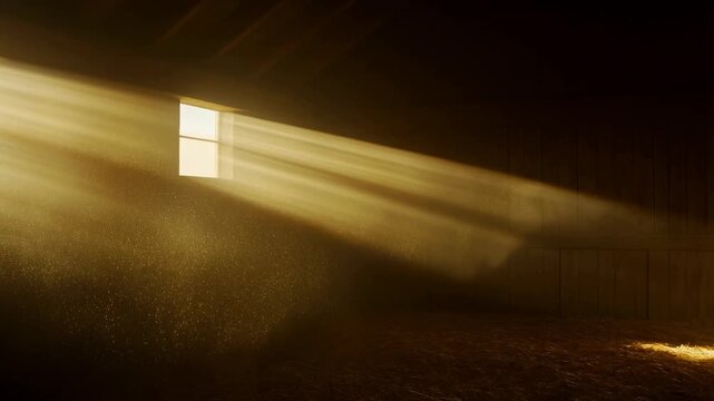 Sunlight streams through barn window illuminating floating dust in rustic setting