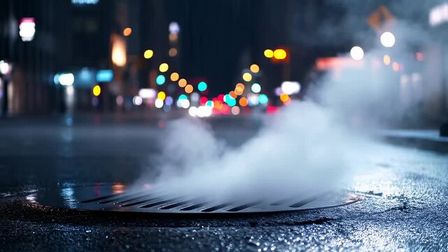 Urban night scene with steam rising from city street vent grate