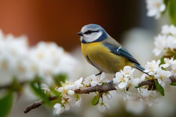 Obraz premium Blue tit on blossoming branch amidst springtime blooms