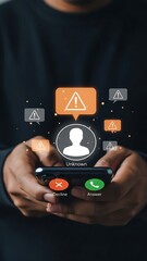 Person holding smartphone with incoming unknown call alert mobile