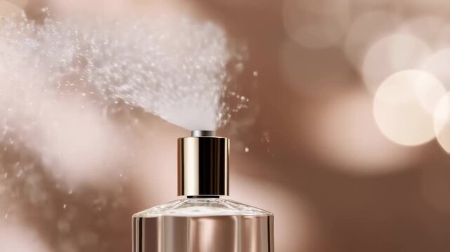 Elegant perfume atomizer spraying fragrance mist in slow motion on soft brown background
