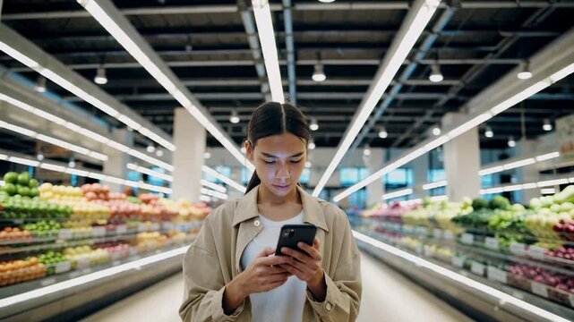 Female shopper checking grocery list on smartphone while navigating produce section of well lit supermarket, holding phone and looking at screen