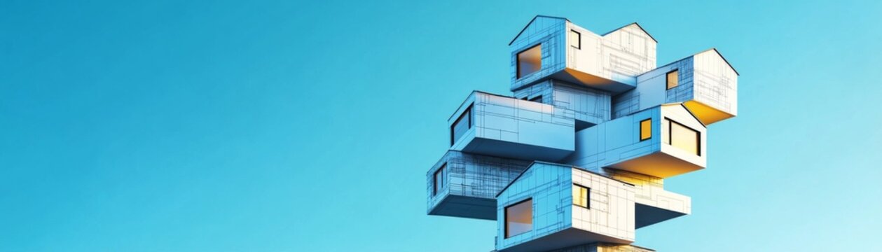 Stacked Cube Homes Modern Architecture Concept on Blue Sky, modular , futuristic
