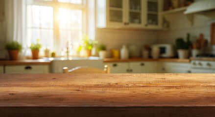 a table and the backdrop of a cozy kitchen illuminated by morning light © Agil