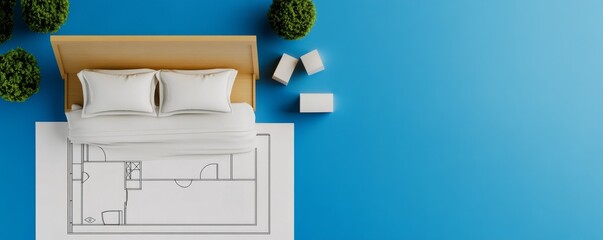 Top View Bedroom Design with Floor Plan, Blue Background ,Interior, Architecture