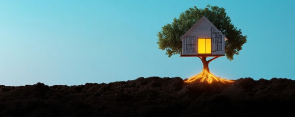 Treehouse Dream Glowing Roots, Blue Sky, Home , Fantasy