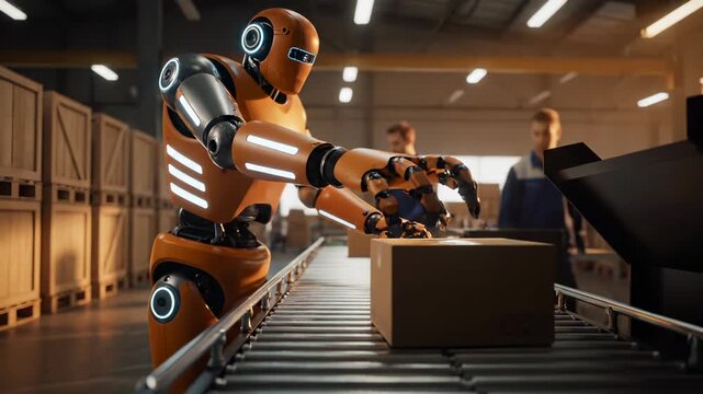 Robot sorts packages on conveyor in warehouse with workers. Automation robot handles box on conveyor belt. Robot and workers manage warehouse packages. Conveyor system with robot sorting.