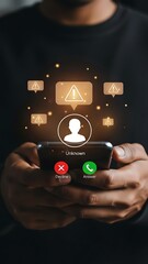 Person holding smartphone with unknown caller alert and call options hand