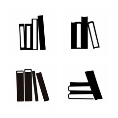 Minimalist graphic illustration featuring various arrangements of books in black and white silhouettes