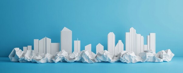 White Cityscape Made of Paper Buildings and Crumpled Paper Mountains on Blue, Architecture, Concept