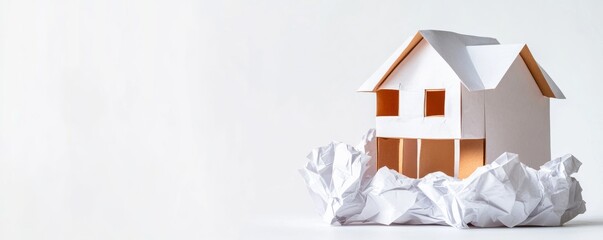 White Paper House Model Surrounded by Crumpled Paper, Real Estate, DIY