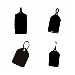 Collection of four minimalist black tag and label silhouettes on a clean white background