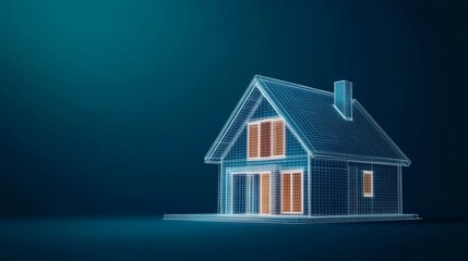 Wireframe House Model on Blue Background, Architecture , Design