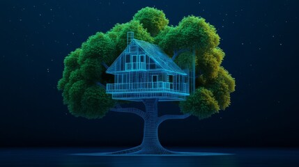 Wireframe Treehouse Futuristic Living in Nature's Embrace, Architecture ,ConceptArt