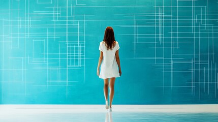 Woman in White Dress Approaching Blue Geometric Wall, minimalist , fashion