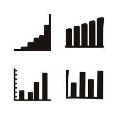 Collection of varied black silhouette bar and column charts representing data and growth