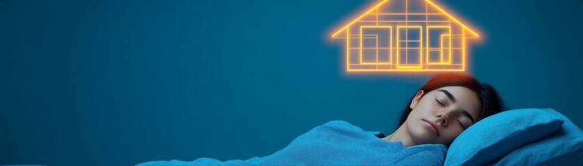 Woman Dreaming of Home Sleeping Girl with Glowing House Outline, dreams , homeownership