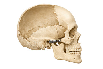 Human skull cross section anatomical model profile view illustrating bone structure, cranium brain cavity, and jaw
