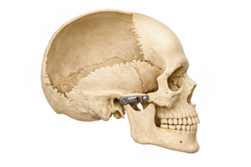 Human skull cross section anatomical model profile view illustrating bone structure, cranium brain cavity, and jaw