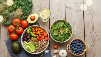 Healthy eating A vibrant overhead view of a delicious and nutritious meal, showcasing fresh ingredients arranged on a rustic wooden table