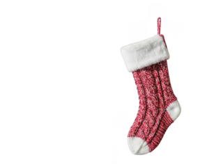 Cozy red knitted christmas stocking with white fur trim