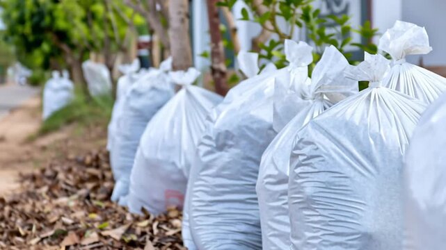 Line of numerous white garbage bags filled with raked autumn leaves is seen neatly stacked along the curb of a residential street, all ready for disposal