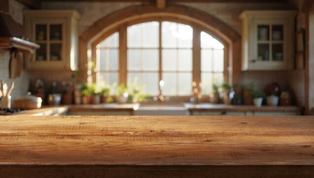 A beautiful kitchen window filled with morning light and a wooden countertop in the foreground