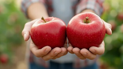 Close up of a woman farmer showcasing two plump and luscious red apples. Bountiful harvest from an eco friendly farm with a stunning bokeh backdrop
