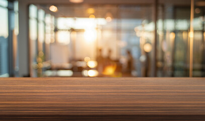 a desk in the foreground and a blurred background of an office space in the rays of the setting sun